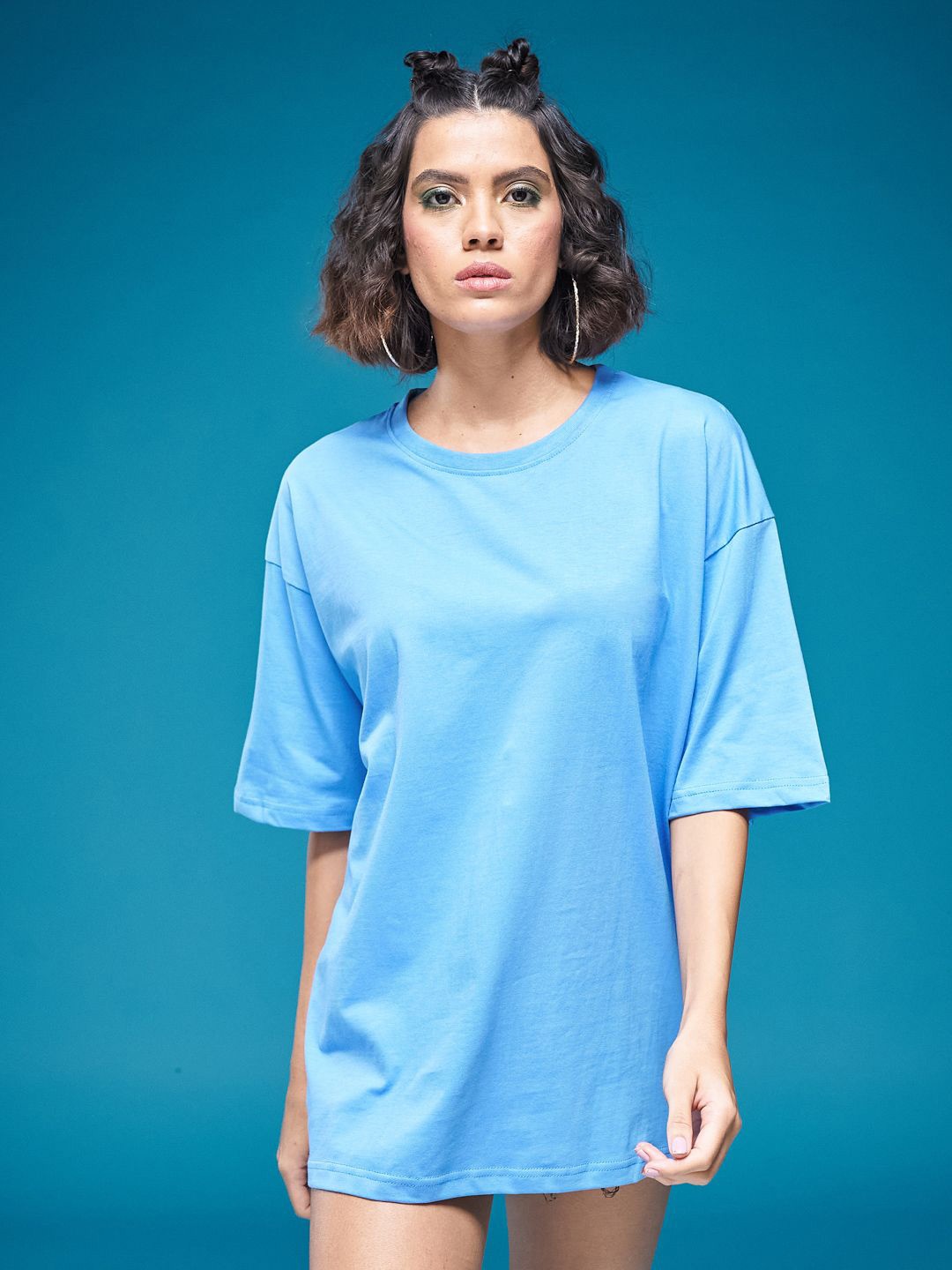 

SMARTEES Round Neck Drop-Shoulder Sleeves Cotton Oversize Tshirt, Blue