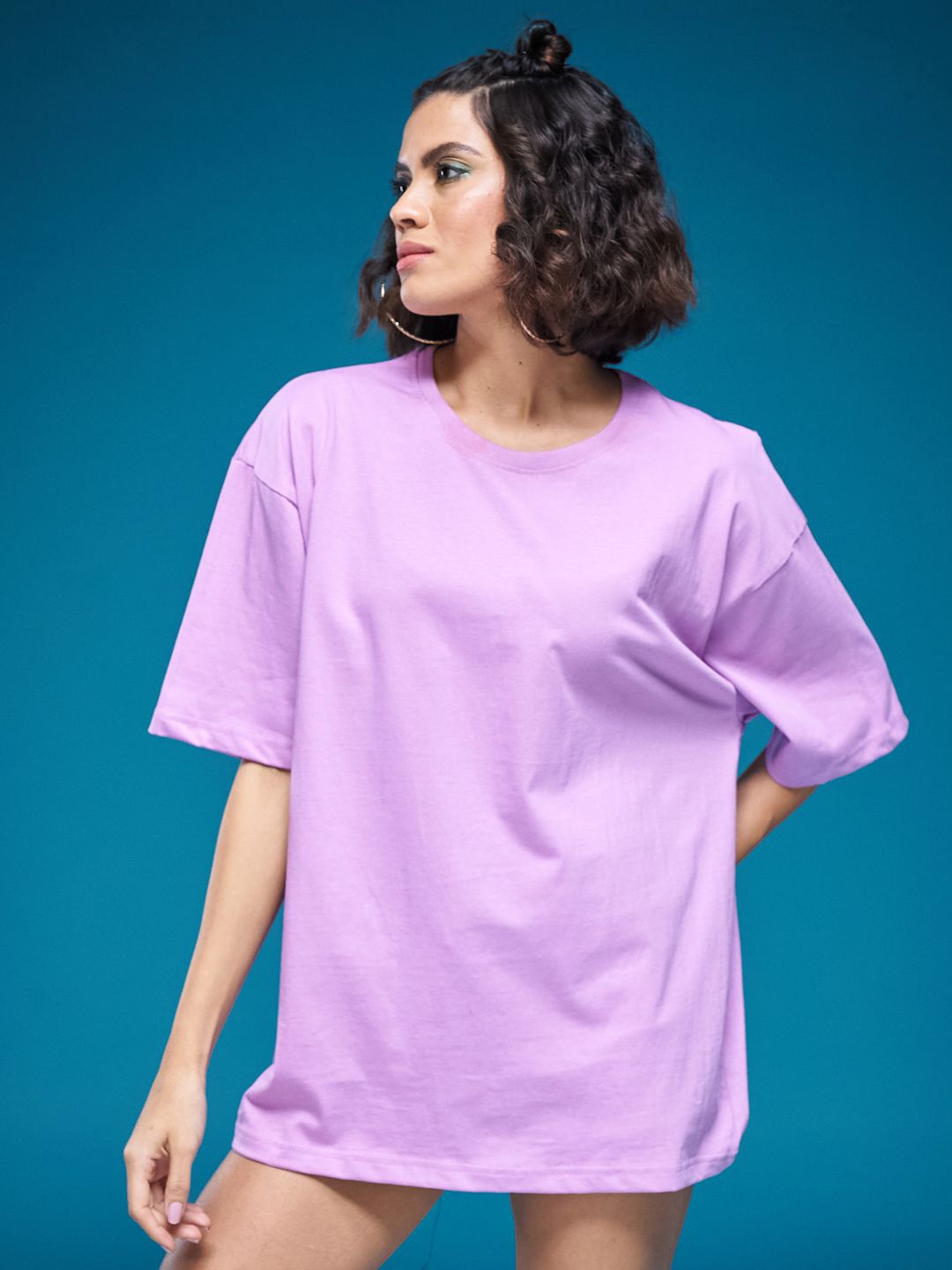 

SMARTEES Round Neck Drop-Shoulder Sleeves Cotton Oversize Tshirt, Lavender