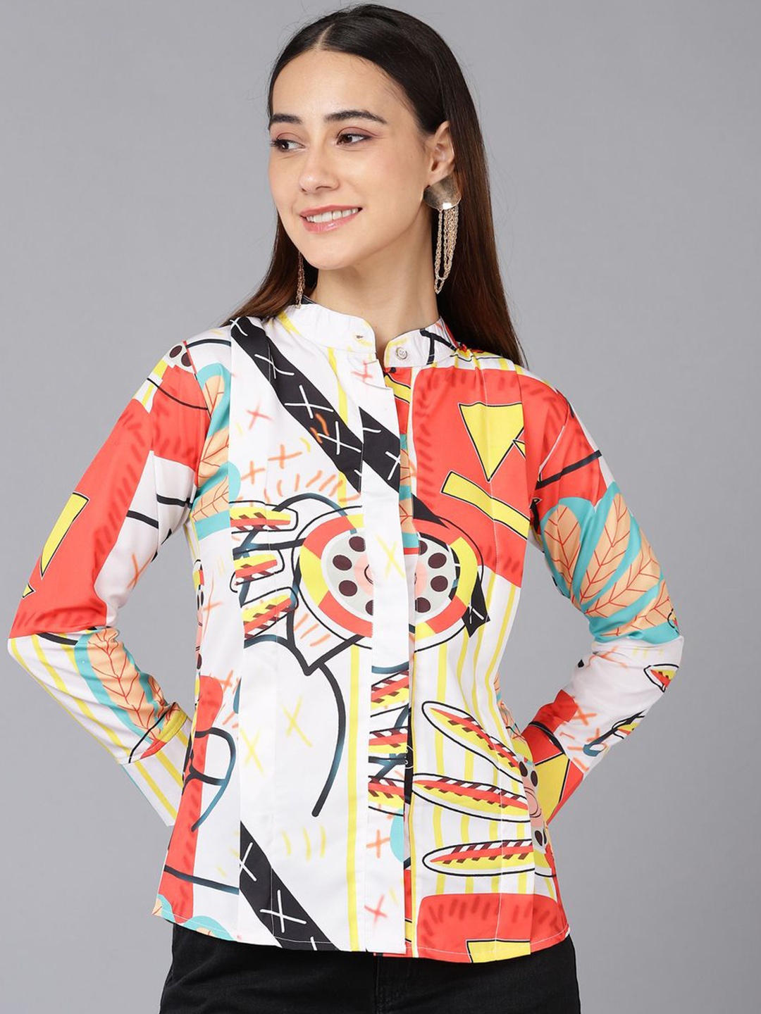 DLOB Comfort Abstract Printed Mandarin Collar Shirt, Red