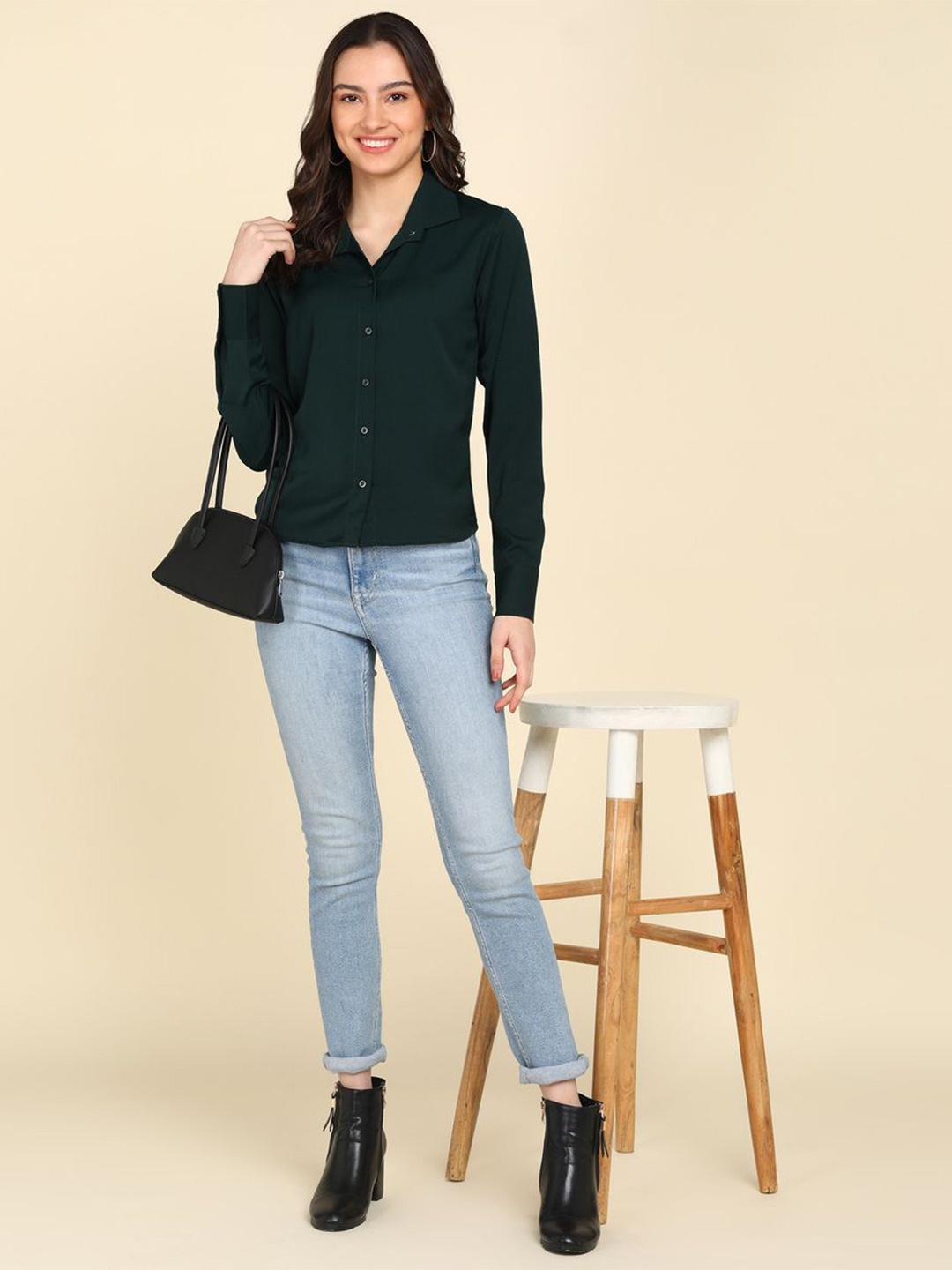 

DLOB Comfort Slim Fit Spread Collar Curved Slim Fit Satin Casual Shirt, Green