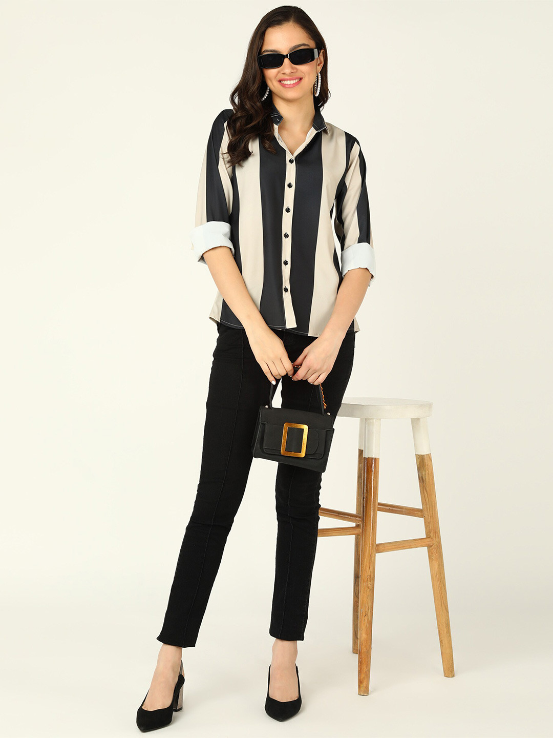 

DLOB India Slim Striped Spread Collar Curved Casual Shirt, Cream