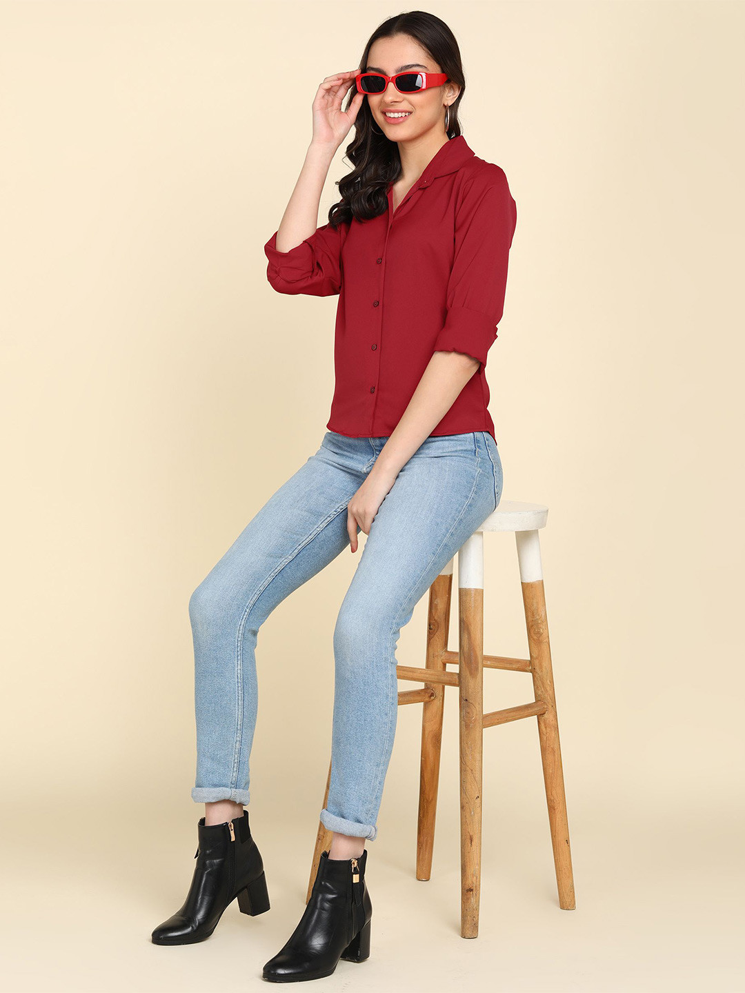 

DLOB Comfort Slim Fit Spread Collar Long Sleeves Satin Casual Shirt, Red