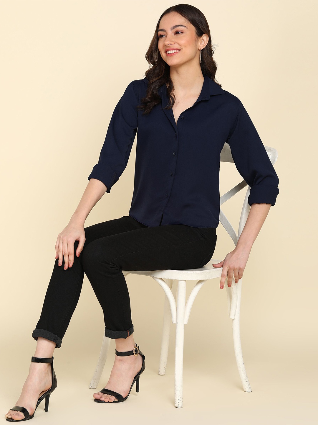 

DLOB Comfort Spread Collar Curved Slim Fit Satin Casual Shirt, Navy blue