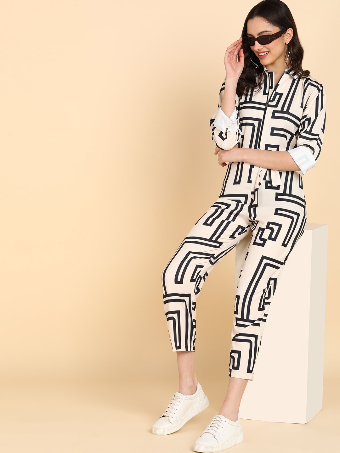 

DLOB Geometric Printed Basic Jumpsuit, Cream