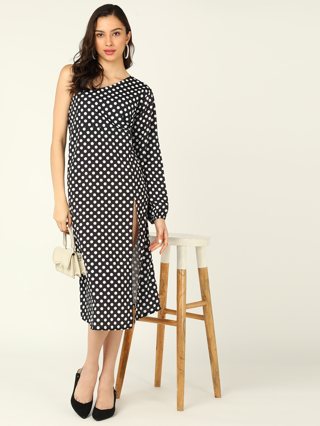 

DLOB Polka Dot Print One-Shoulder Cotton Sheath Midi Dress, Black