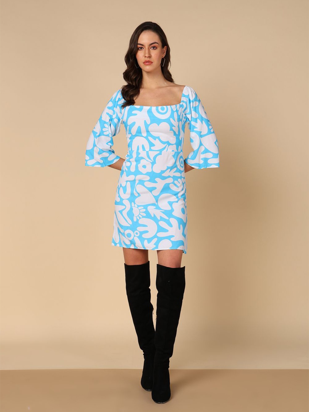 

DLOB Conversational Printed Square Neck Flared Sleeve Cotton Bodycon Dress, Blue