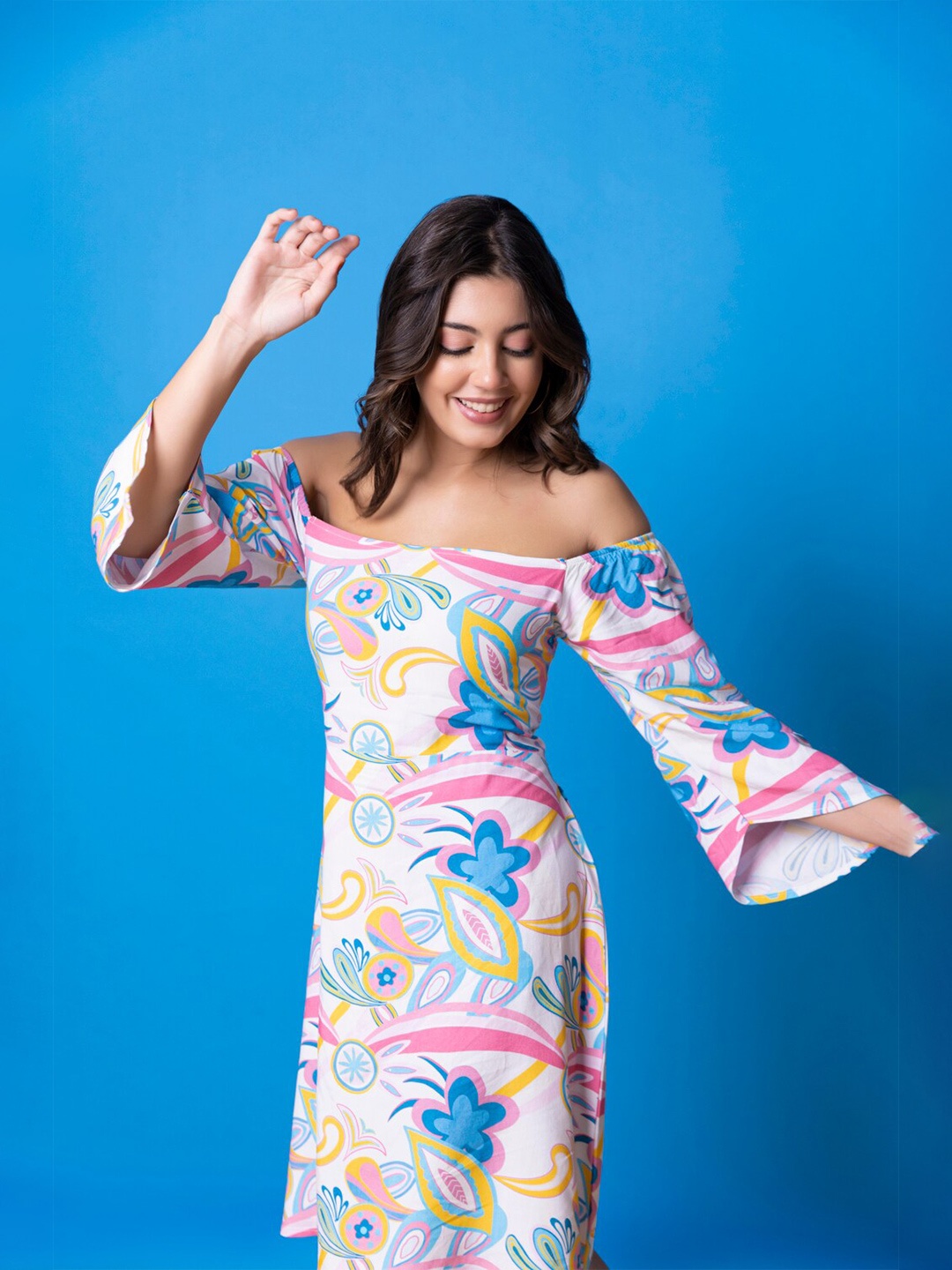

DLOB Floral Print Off-Shoulder Cotton Fit & Flare Dress, White