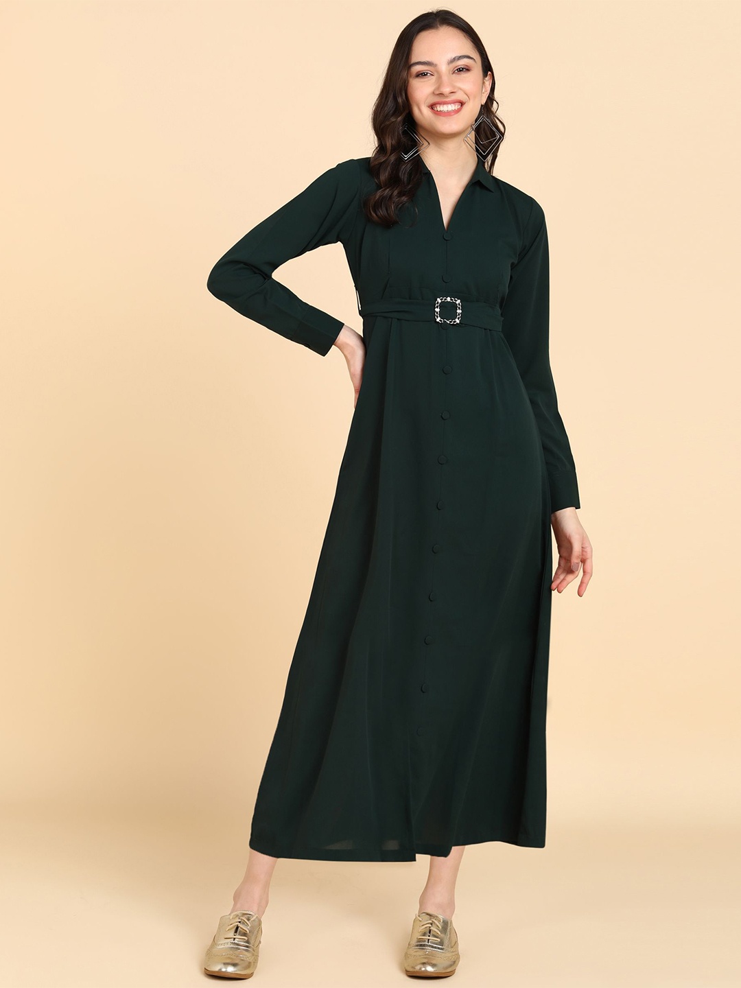 

DLOB Shirt Collar Gathered or Pleated Maxi Dress, Green