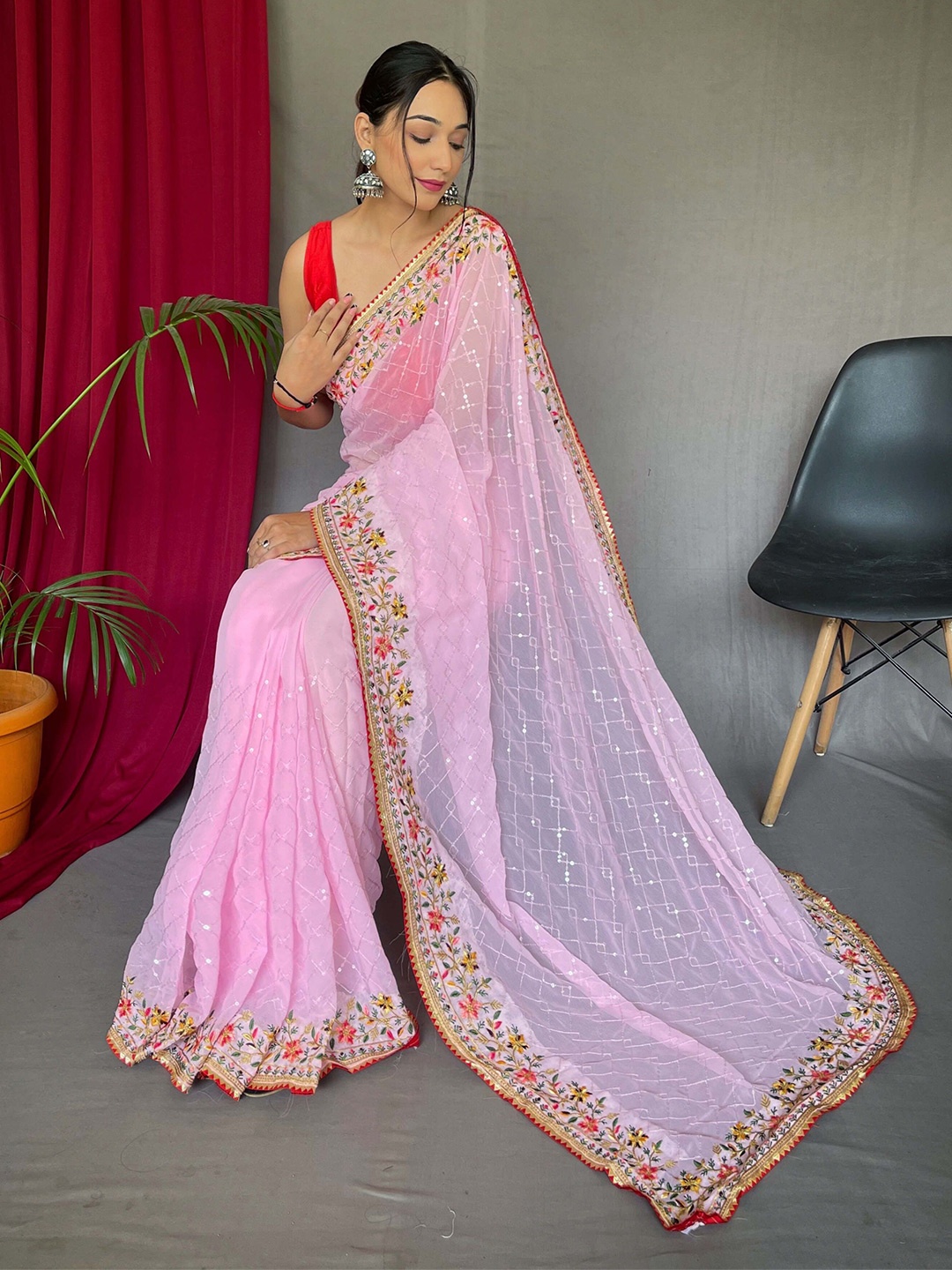 

DEVATITHI Embellished Embroidered Pure Georgette Saree, Pink