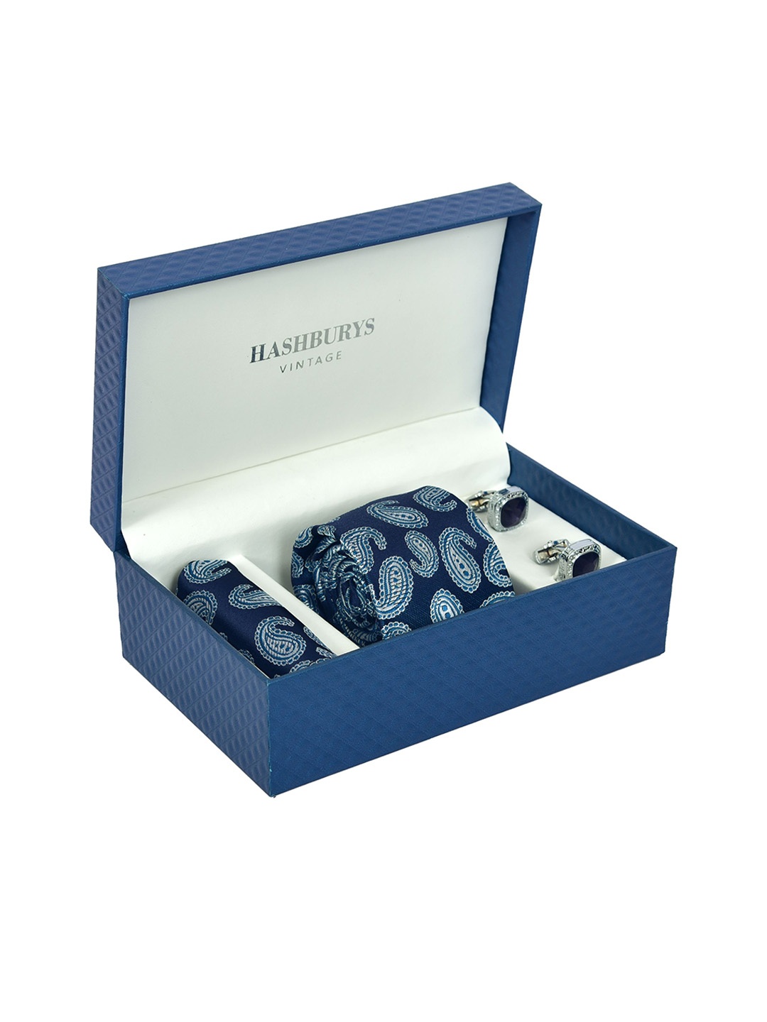 

Hashburys Men Printed Tie, Pocket Square & Cufflinks Accessory Gift Set, Navy blue