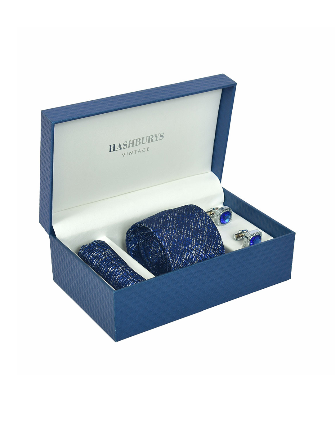 

Hashburys Men Tie & Pocket Square With Cufflinks Accessory Gift Set, Navy blue