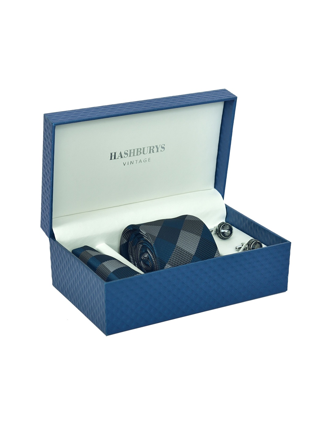 

Hashburys Men Printed Tie, Pocket Square & Cufflinks Accessory Gift Set, Navy blue