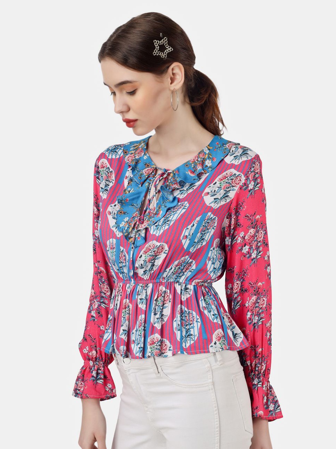 

Sukshat Floral Printed Tie-Up Neck Peplum Top, Pink