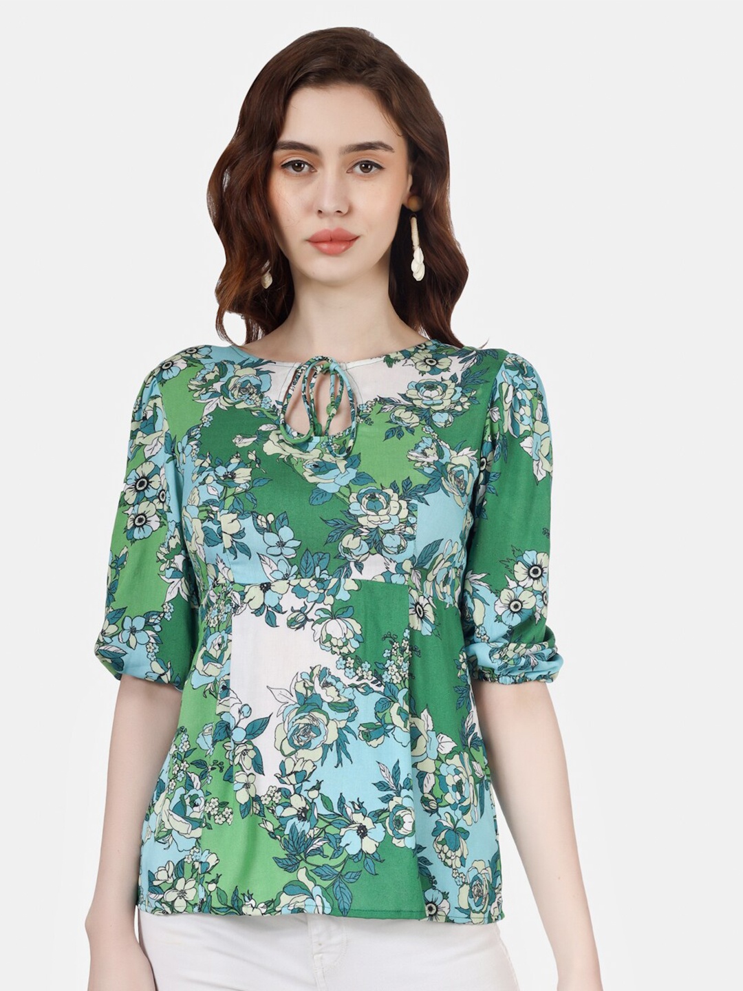 

Sukshat Floral Printed Tie-Up Neck Top, Green