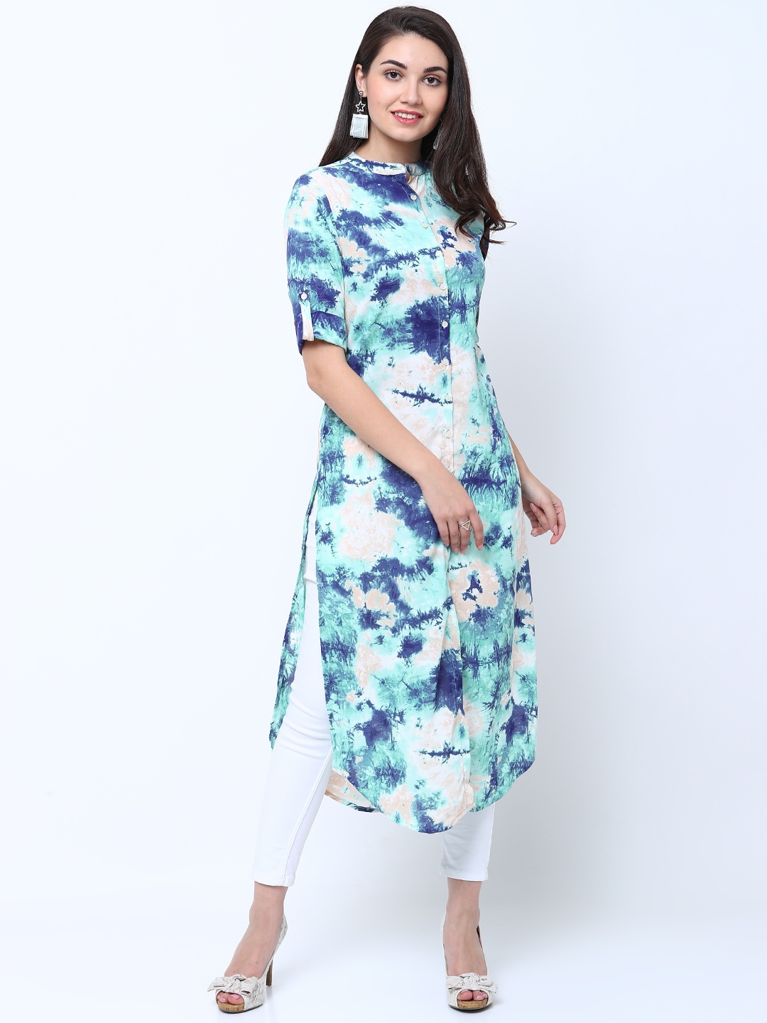 

Vishudh Women Sea Green & White Printed Straight Kurta