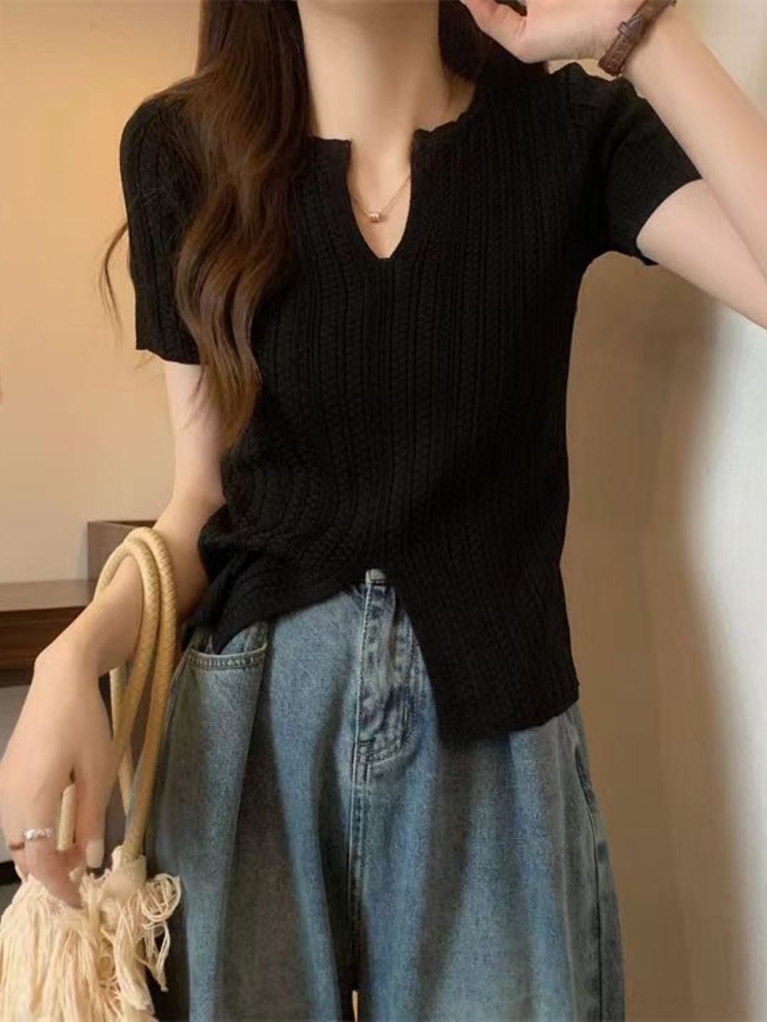 

StyleCast Girls Black Vertical Stripes Notch Neck Top
