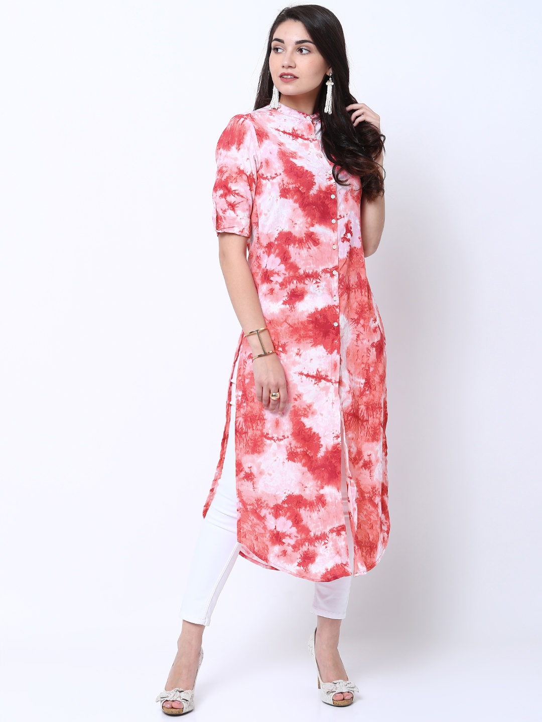 

Vishudh Women Pink & White Printed Straight Kurta