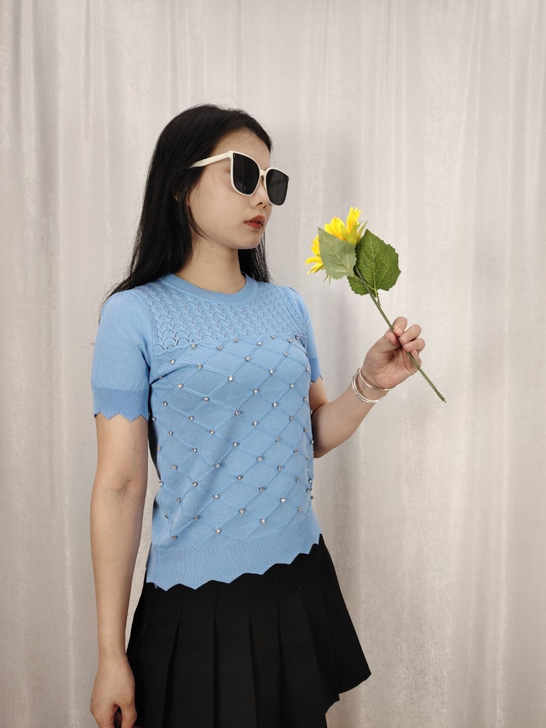 

StyleCast Blue Self Design Round Neck Top