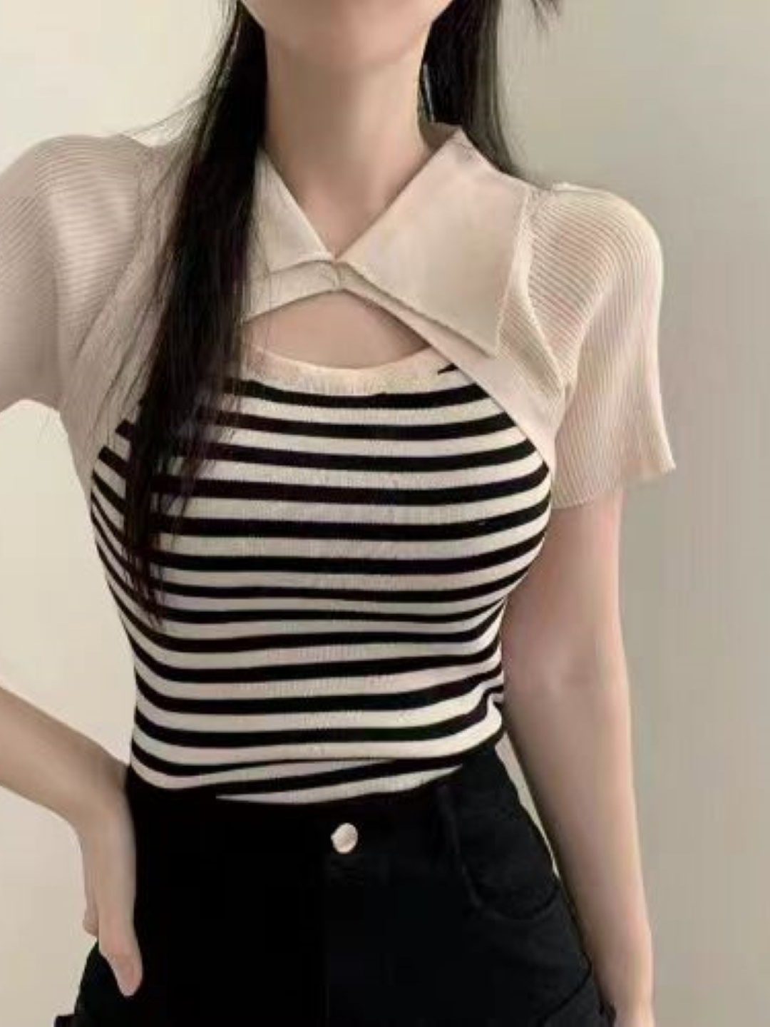 

StyleCast Girls Striped Shirt Collar Top, Cream