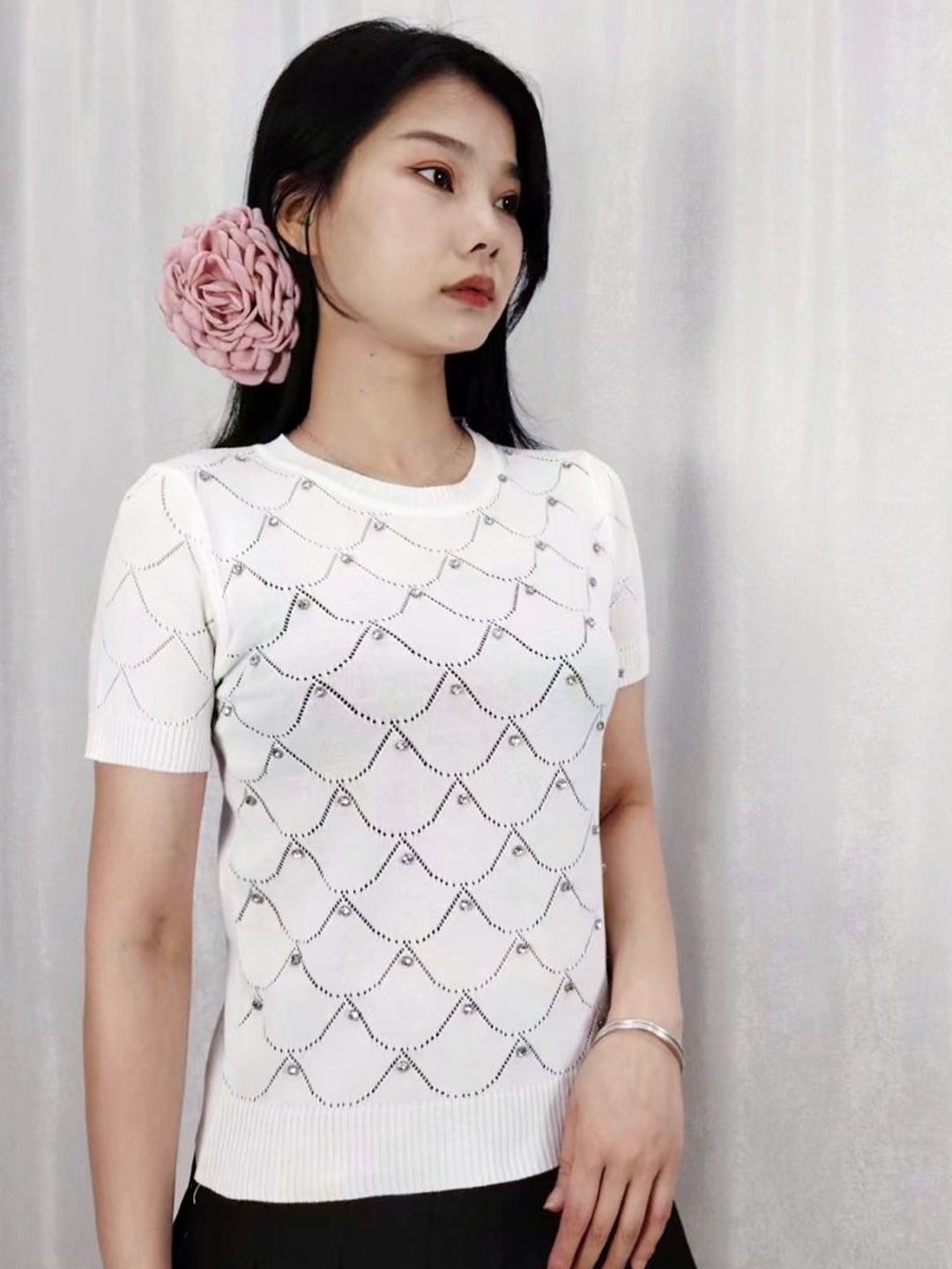 

StyleCast Girls White Self Design Round Neck Semi Sheer Top