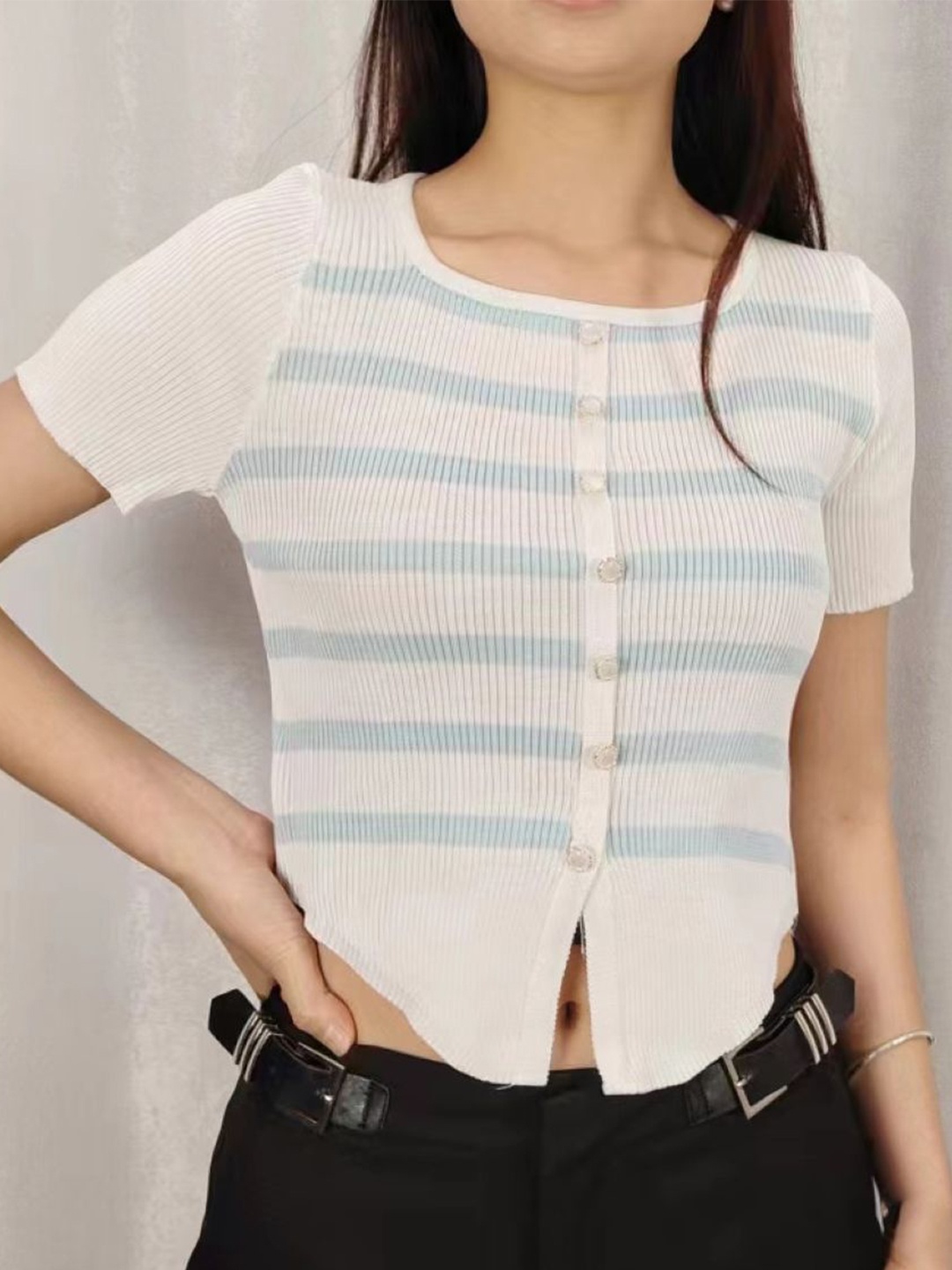 

StyleCast Girls White & Blue Striped Round Neck Semi Sheer Regular Top