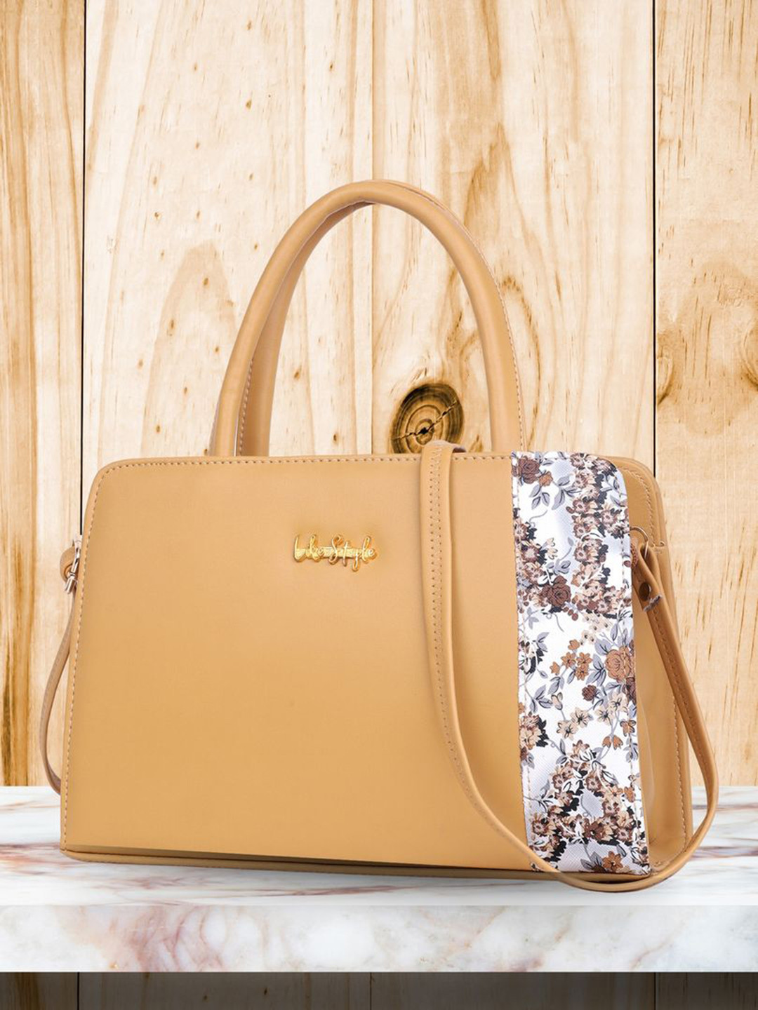 

LIKE STYLE Floral Printed Structured Handheld Bag, Beige
