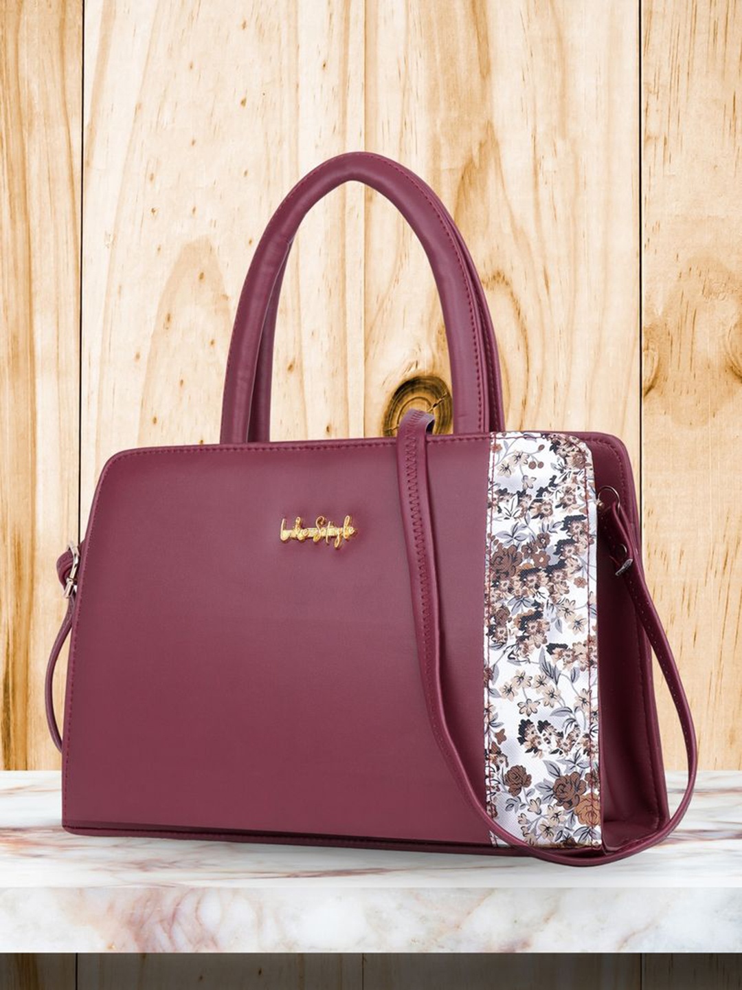 

LIKE STYLE Floral Printed Structured Handheld Bag, Maroon