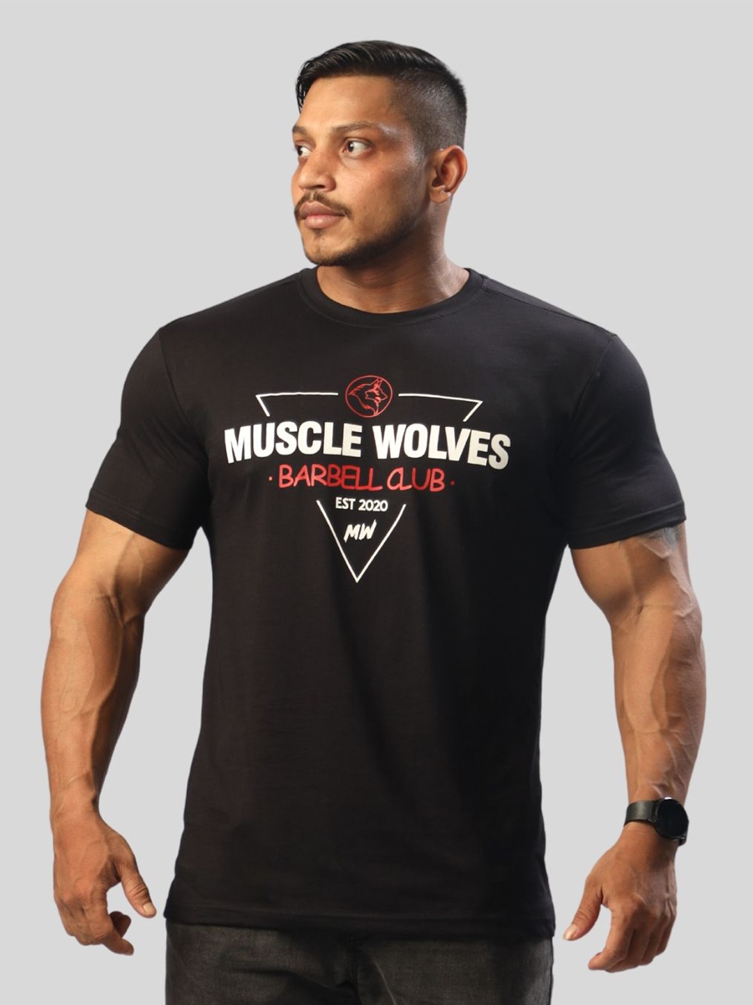 

Muscle Wolves Typography Printed Round Neck Short Sleeves Cotton T-shirt, Black