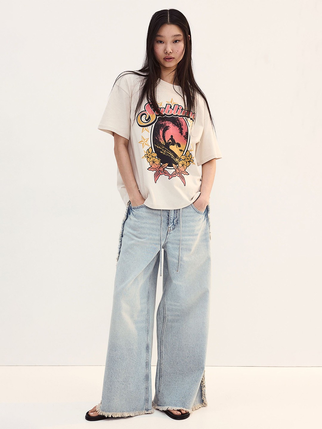

H&M Pure Cotton Oversized Printed T-shirt, Off white
