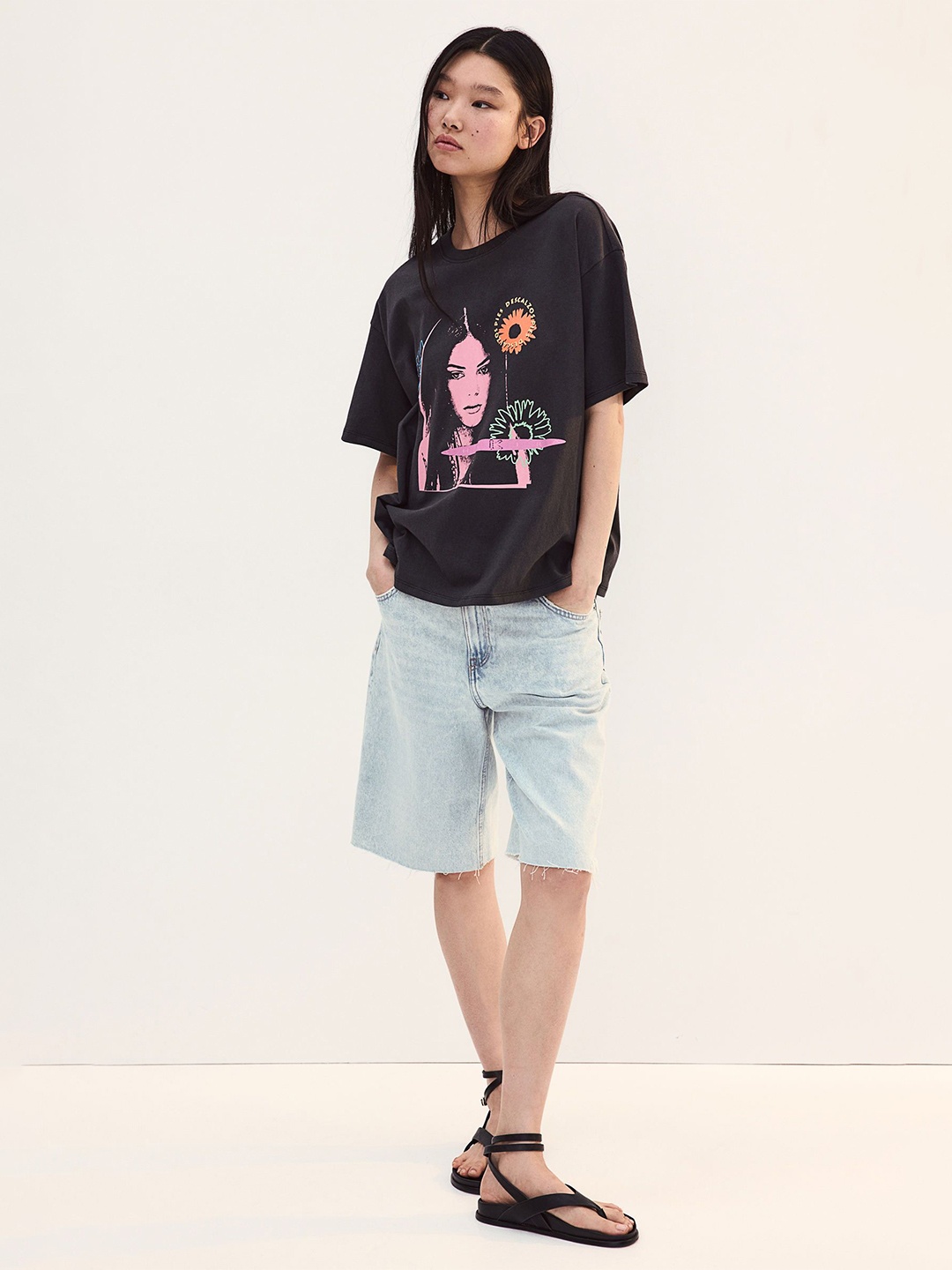 

H&M Pure Cotton Oversized Printed T-shirt, Grey