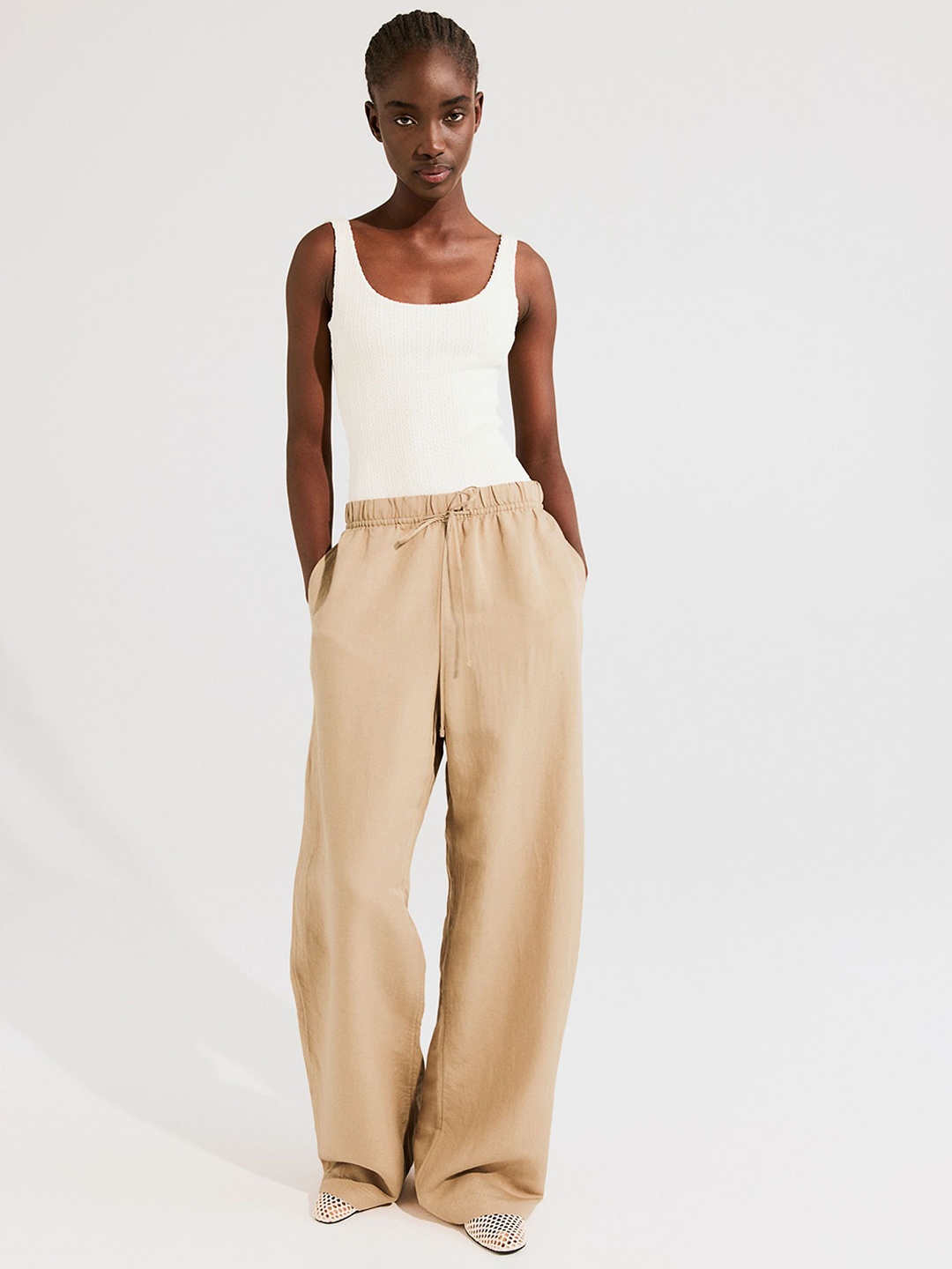 

H&M Women Linen-Blend Pull-On Trousers, Beige