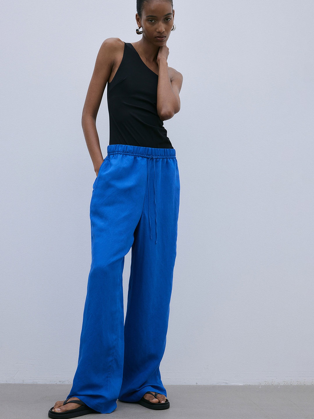 

H&M Women Linen-Blend Pull-On Trousers, Blue
