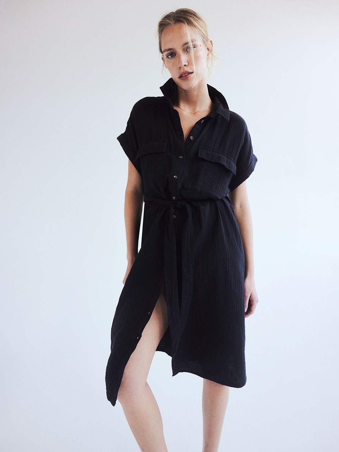 

H&M Cotton Tie-Belt Shirt Dress, Black