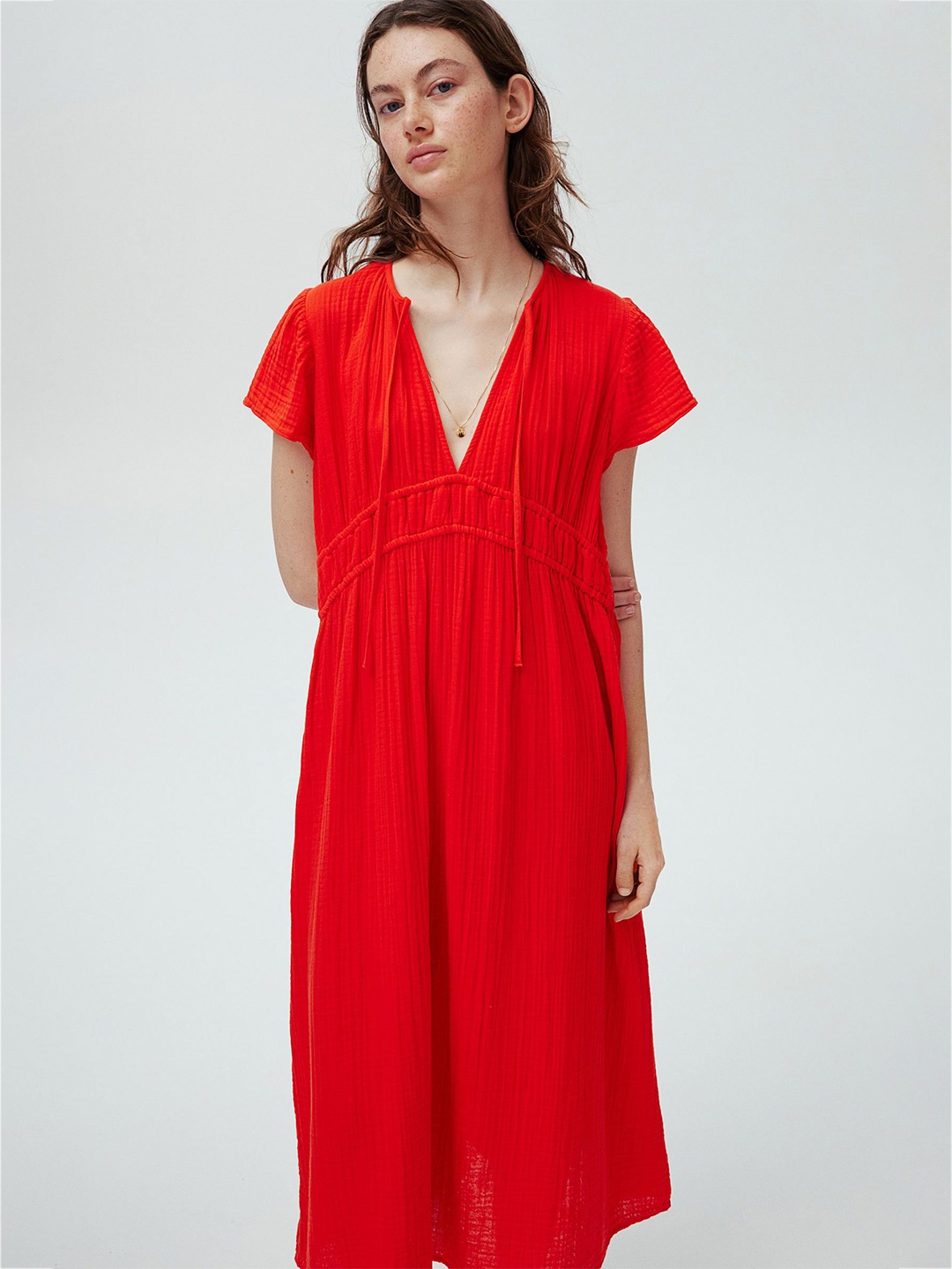 

H&M Pure Cotton Tie-Detail Muslin Dress, Red