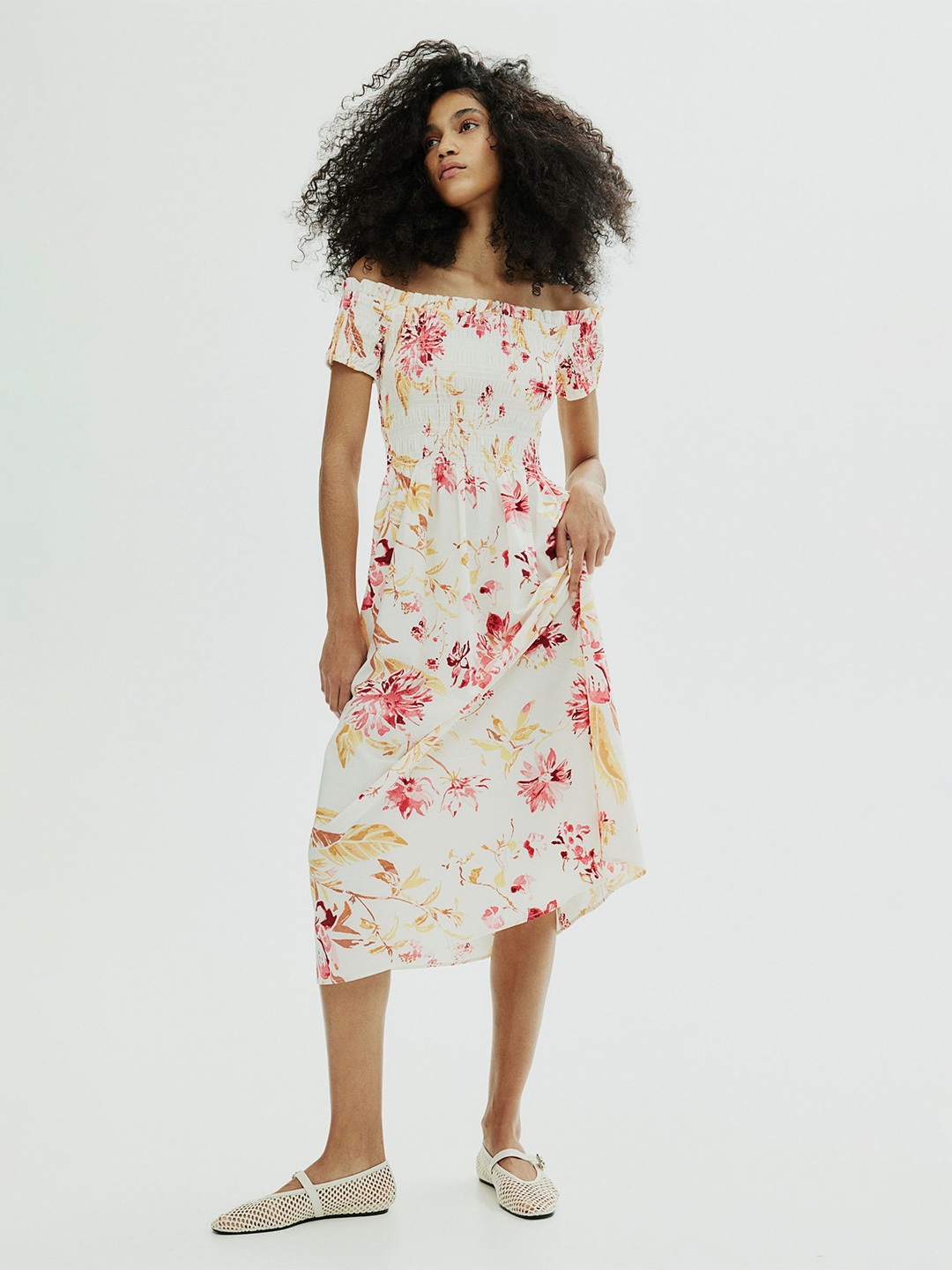

H&M Smocked Off-The-Shoulder Dress, White