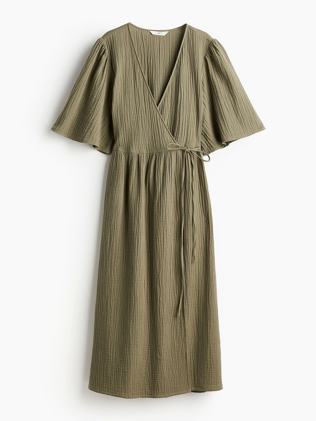 

H&M Women Pure Cotton Muslin Wrap Dress, Green