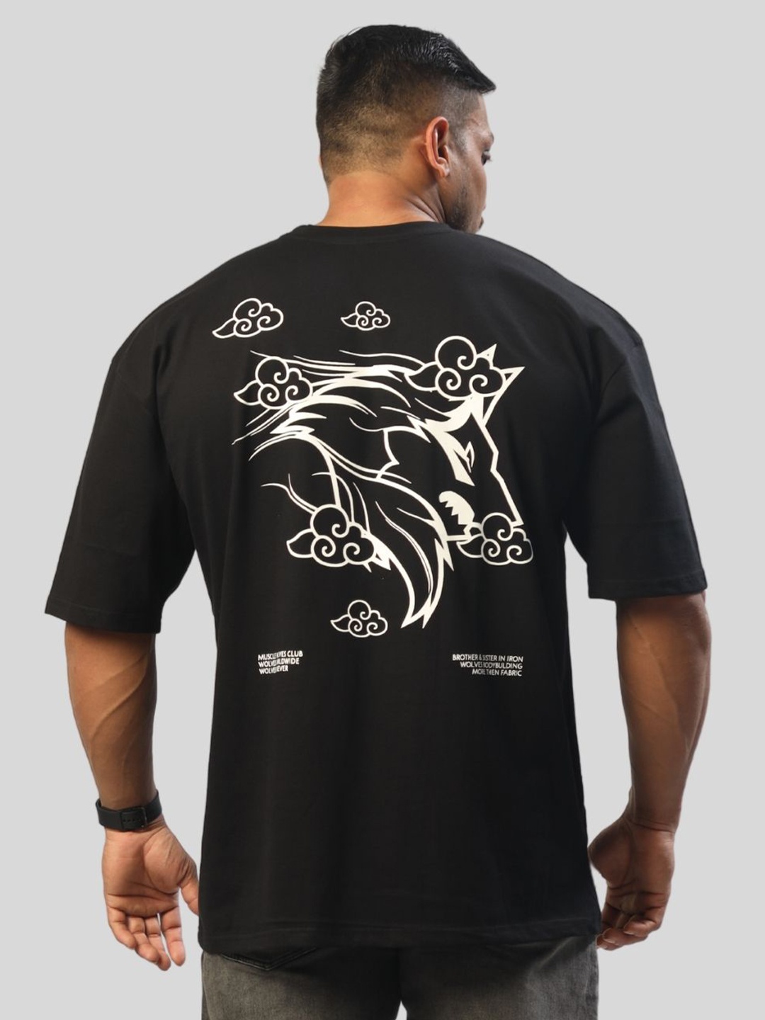 

Muscle Wolves Graphic Printed Oversized T-shirt, Black