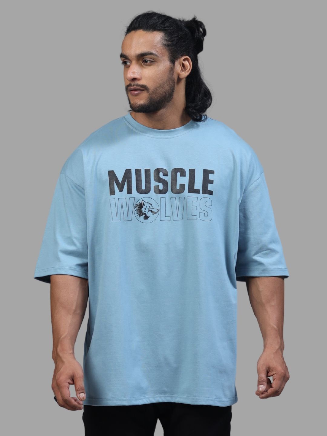 

Muscle Wolves Round Neck Typography Printed Drop Shoulder Sleeves Cotton Oversized T-shirt, Blue