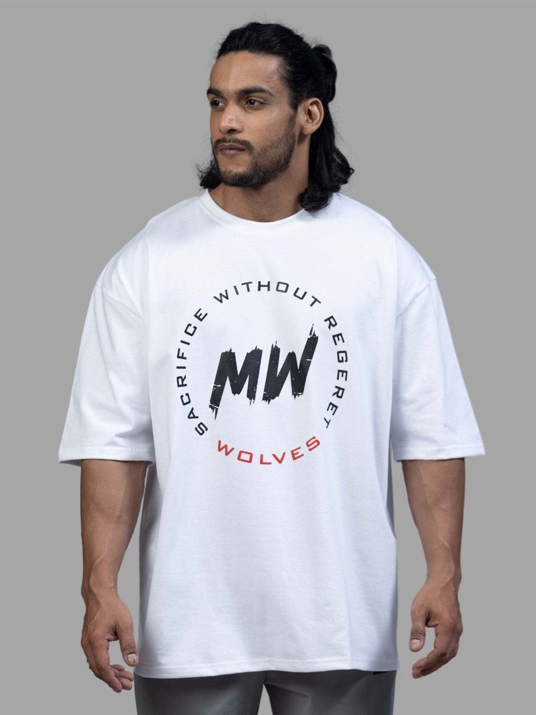 

Muscle Wolves Typography Printed Round Neck Short Sleeves Cotton T-shirt, White