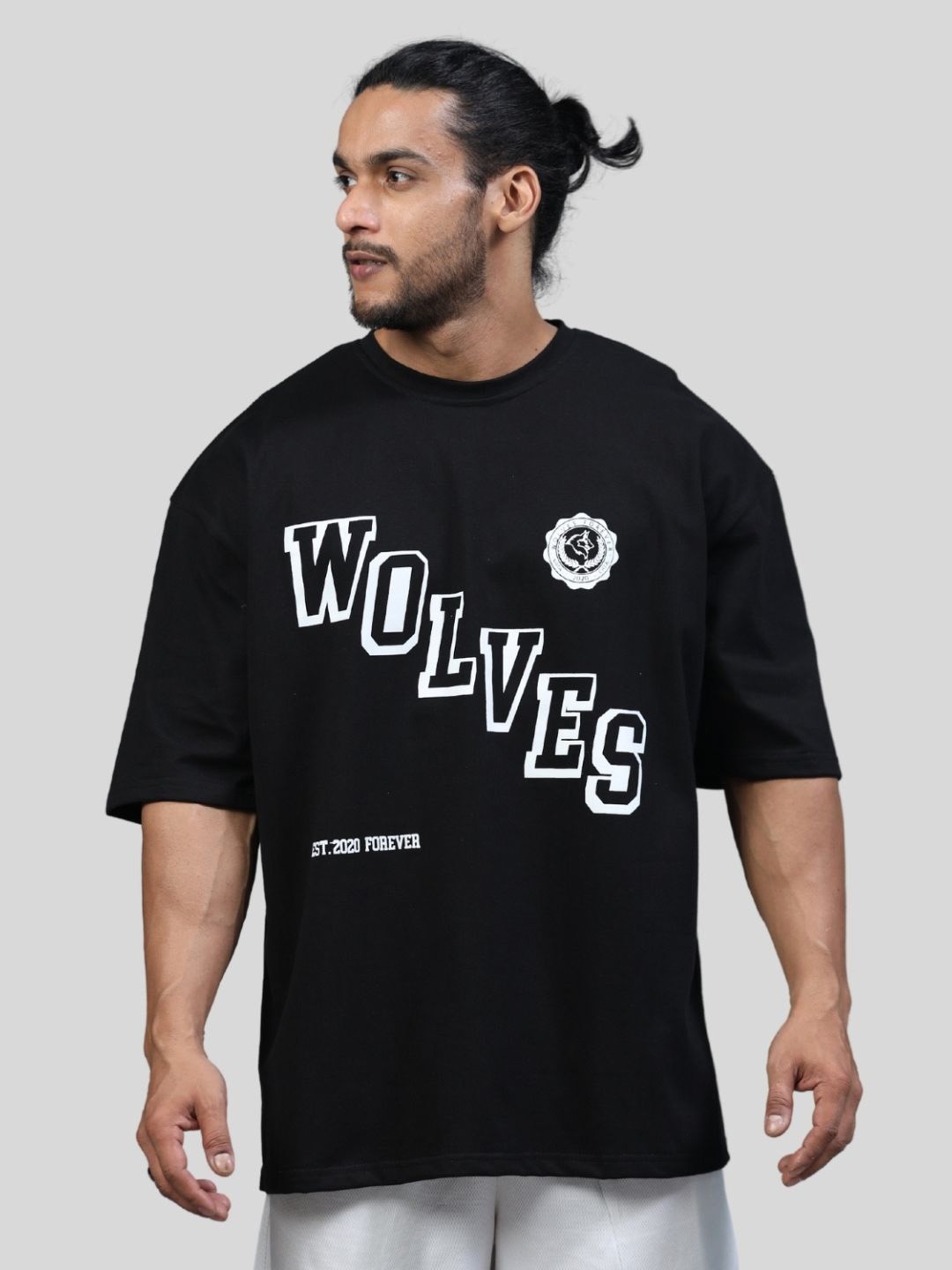 

Muscle Wolves Round Neck Typography Printed Cotton Oversized T-shirt, Black