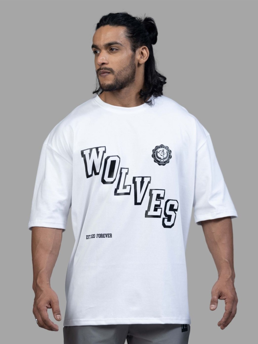 

Muscle Wolves Typography Printed Round Neck Short Sleeves Cotton T-shirt, White