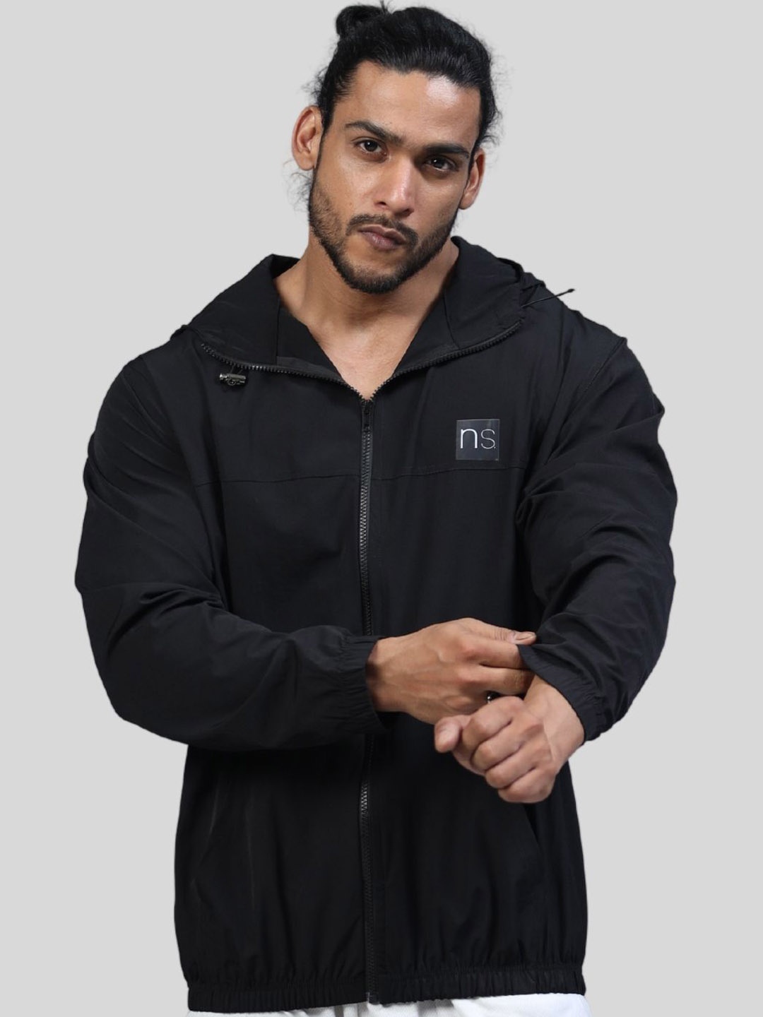 NVRSOLO Hooded Lightweight Storm-Fit Bomber Jacket, Black