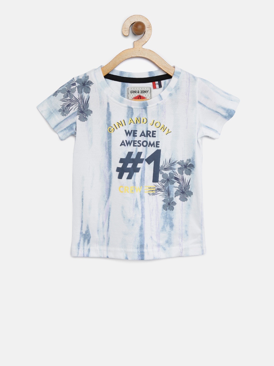 

Gini and Jony Boys White & Blue Printed Round Neck T-shirt