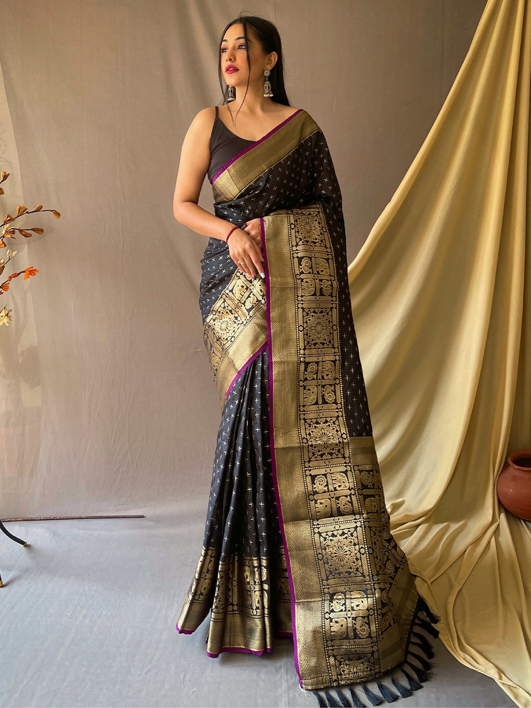 

DEVATITHI Woven Design Zari Banarasi Saree, Black