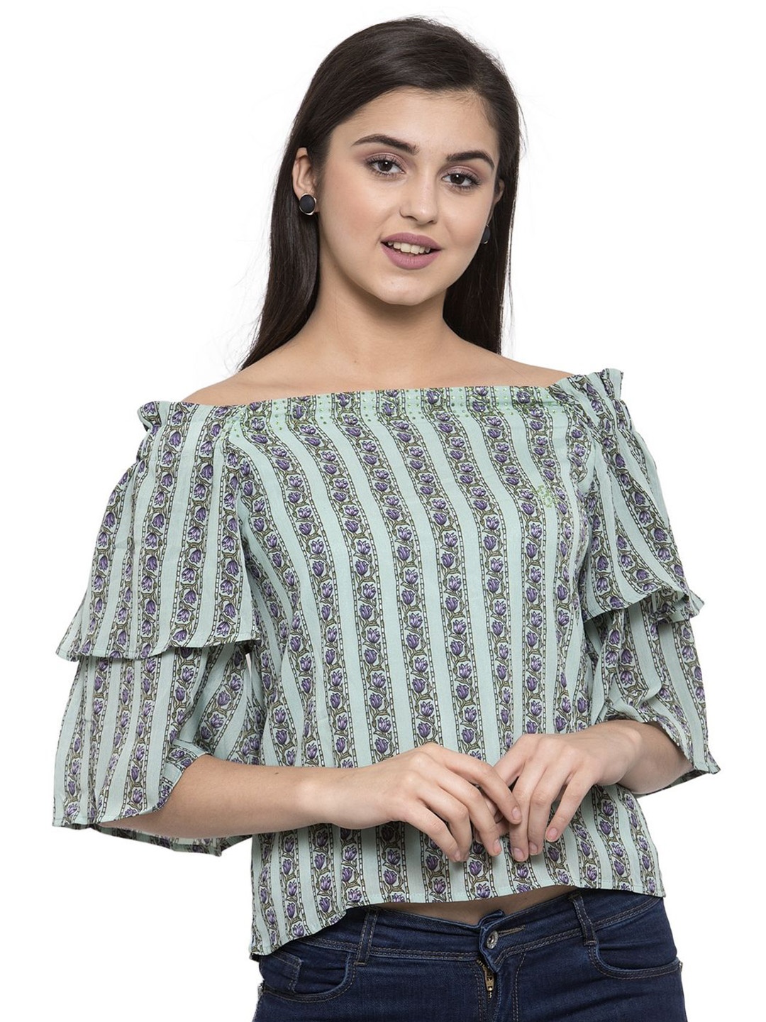 

Global Republic Striped Off-Shoulder Flared Sleeve Chiffon Bardot Top, Green