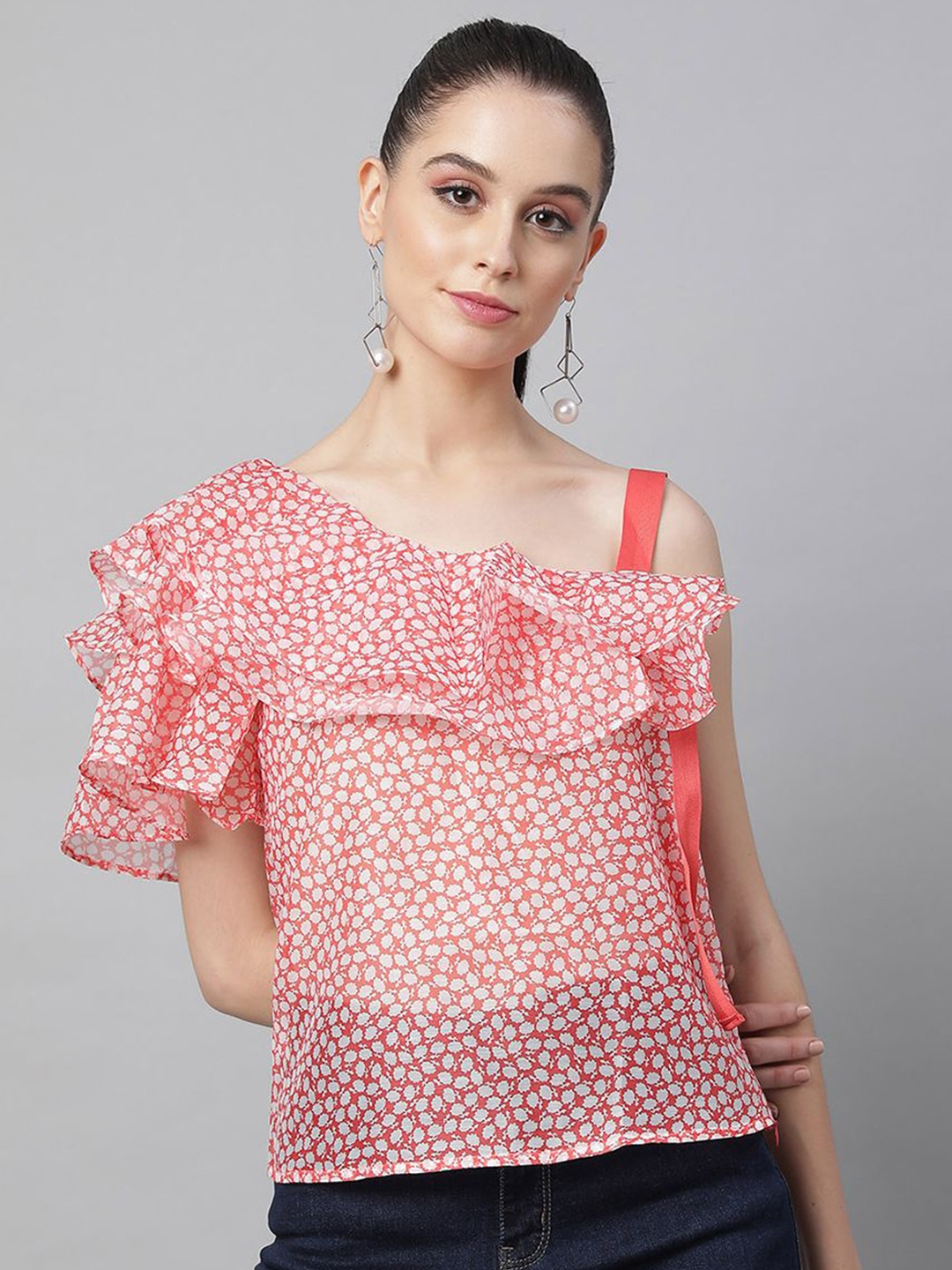 

Global Republic Floral Printed One Shoulder Ruffles Cotton Top, Red