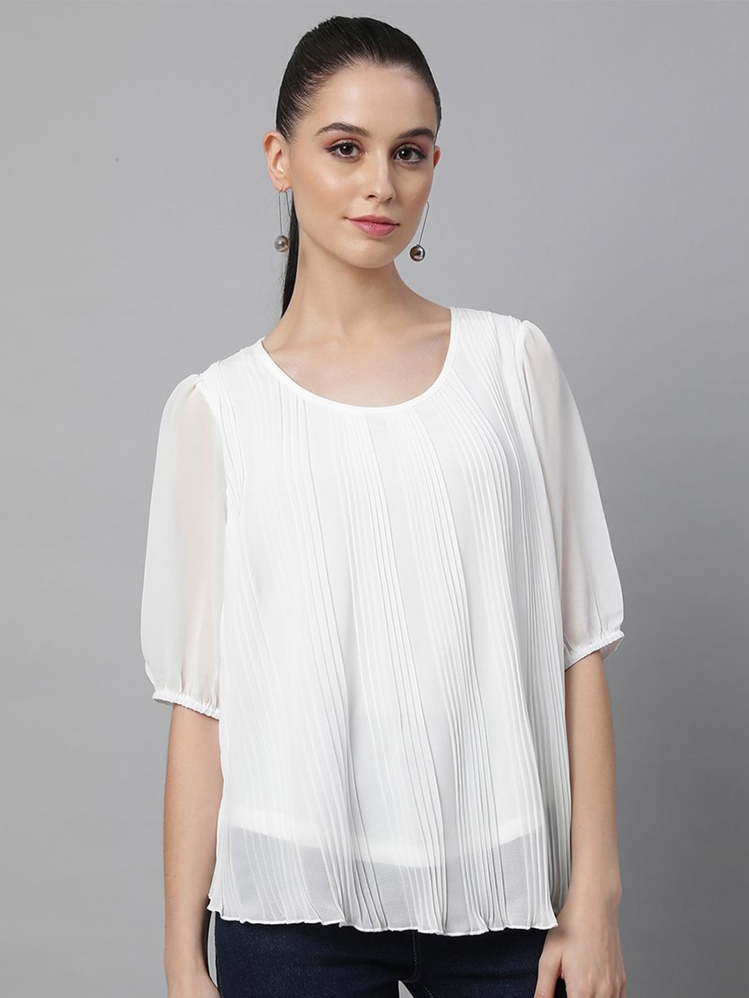 

Global Republic Puff Sleeves Pleated Regular Top, Off white