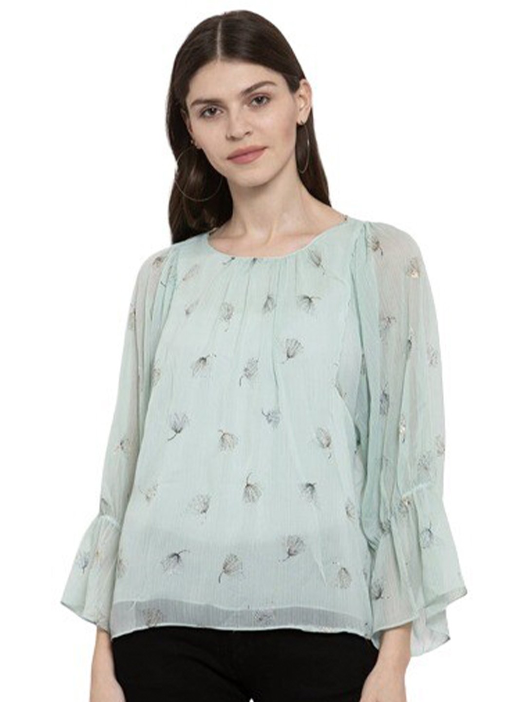 

Global Republic Floral Printed Bell Sleeve Chiffon Top, Green