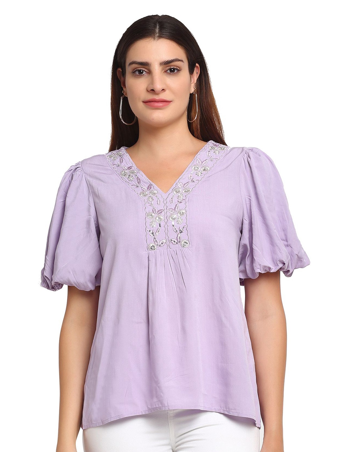 

Global Republic V-Neck Embroidered Puff Sleeve Top, Purple