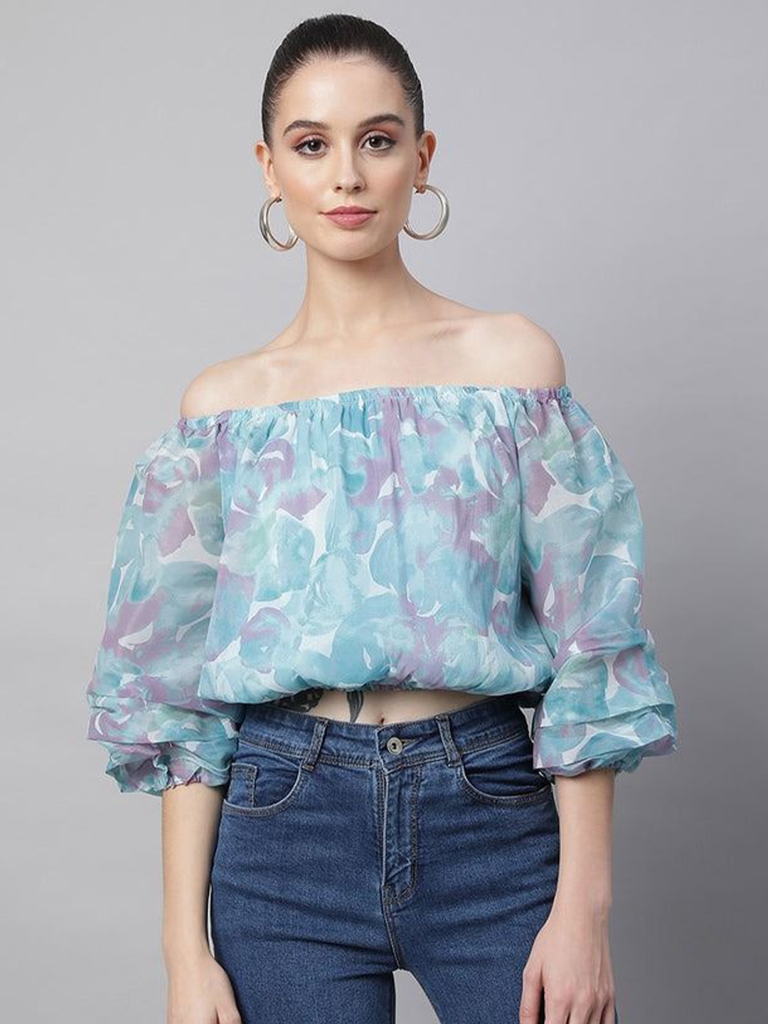 

Global Republic Abstract Print Off-Shoulder Puff Sleeve Bardot Crop Top, Blue